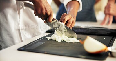 Buy stock photo Chef, person and hands with knife for onion, cutting and preparation with cooking for dish. Restaurant, culinary service and cook with skills for catering, small business and hospitality by closeup