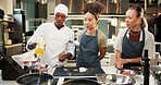 Cooking, course and chef teaching women in kitchen with oil ingredient, gourmet meal recipe or learning. Culinary class, students or mentor with lesson on food preparation or education in hospitality