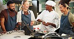 Cooking, class and chef in kitchen with ingredient preparation, teaching gourmet meal recipe or learning skills. Culinary course, people or mentor with lesson on food education and cuisine knowledge