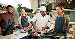 Cooking course, chef and meat in kitchen with preparation, teaching gourmet meal recipe or learning. Culinary class, people or mentor with lesson on food education or cuisine knowledge in hospitality