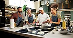 Cooking, class and chef in kitchen with people for meal preparation, teaching gourmet recipe or learning skills. Culinary course, laughing or mentor with lesson on food education or cuisine knowledge