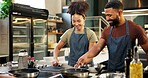 Happy, chef and helping in kitchen, cooking and listening to instruction, mentor or teaching in hospitality. Professional, apprentice and learning of culinary student, smile or skills for fine dining