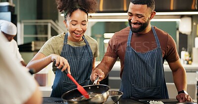 Buy stock photo Happy, chef and mentor in kitchen, cooking and listening to instruction, helping or teaching in hospitality. Professional, apprentice and learning of culinary student, smile or skills for fine dining