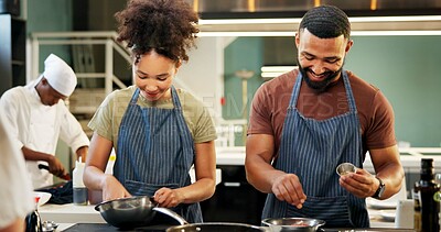 Buy stock photo Cooking, students and learning in kitchen, chef and team with skills, culinary or preparation of meal. Restaurant, apprentice and people with recipe, smile and talent in hospitality, cuisine or apron