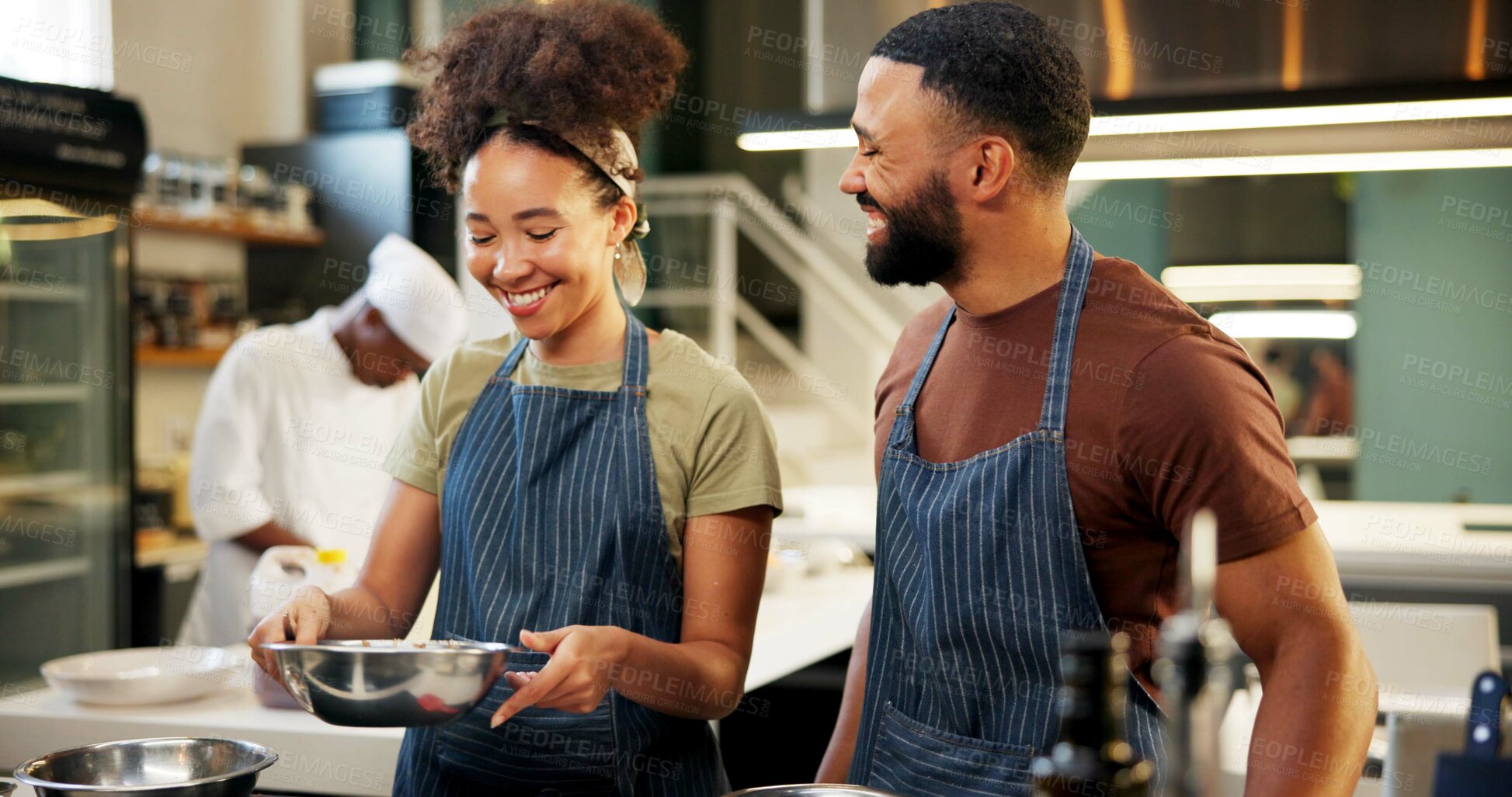 Buy stock photo Cooking, cuisine and learning in kitchen, chef and team with skills, culinary or preparation of meal. Restaurant, apprentice and people with recipe, smile and talent in hospitality, students or apron