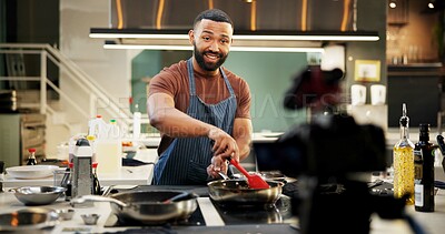 Buy stock photo Chef, man and cooking vlog in kitchen for live streaming, recipe tutorial and filming food video in home. Content creation, happy influencer and recording online class for meal preparation or cuisine