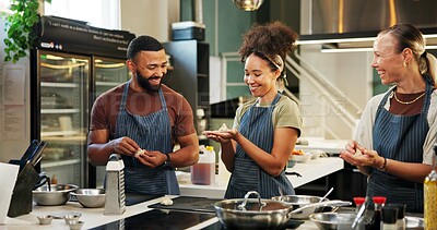 Buy stock photo Happy, group and cooking in kitchen, food and teamwork for cuisine, culinary or recipe for restaurant. Hospitality, people and preparation of meal, showing and instruction for fine dining or students