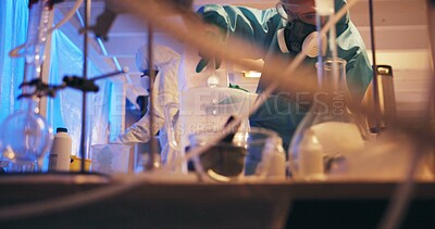 Buy stock photo Drugs, person and gas mask with chemicals for production of illegal substances, narcotics and crystal meth. Basement lab, hazmat and bottle with compound mixture for cooking cocaine and manufacturing