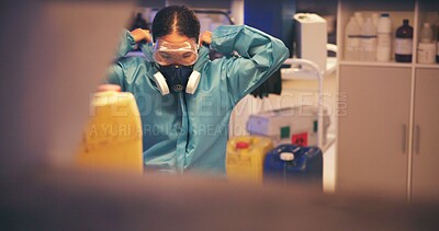 Buy stock photo Forensic scientist, chemical and testing in lab, ppe and medical research, hazardous and substance. Professional, gas mask and analysis of toxins, compound and investigation of explosive and person