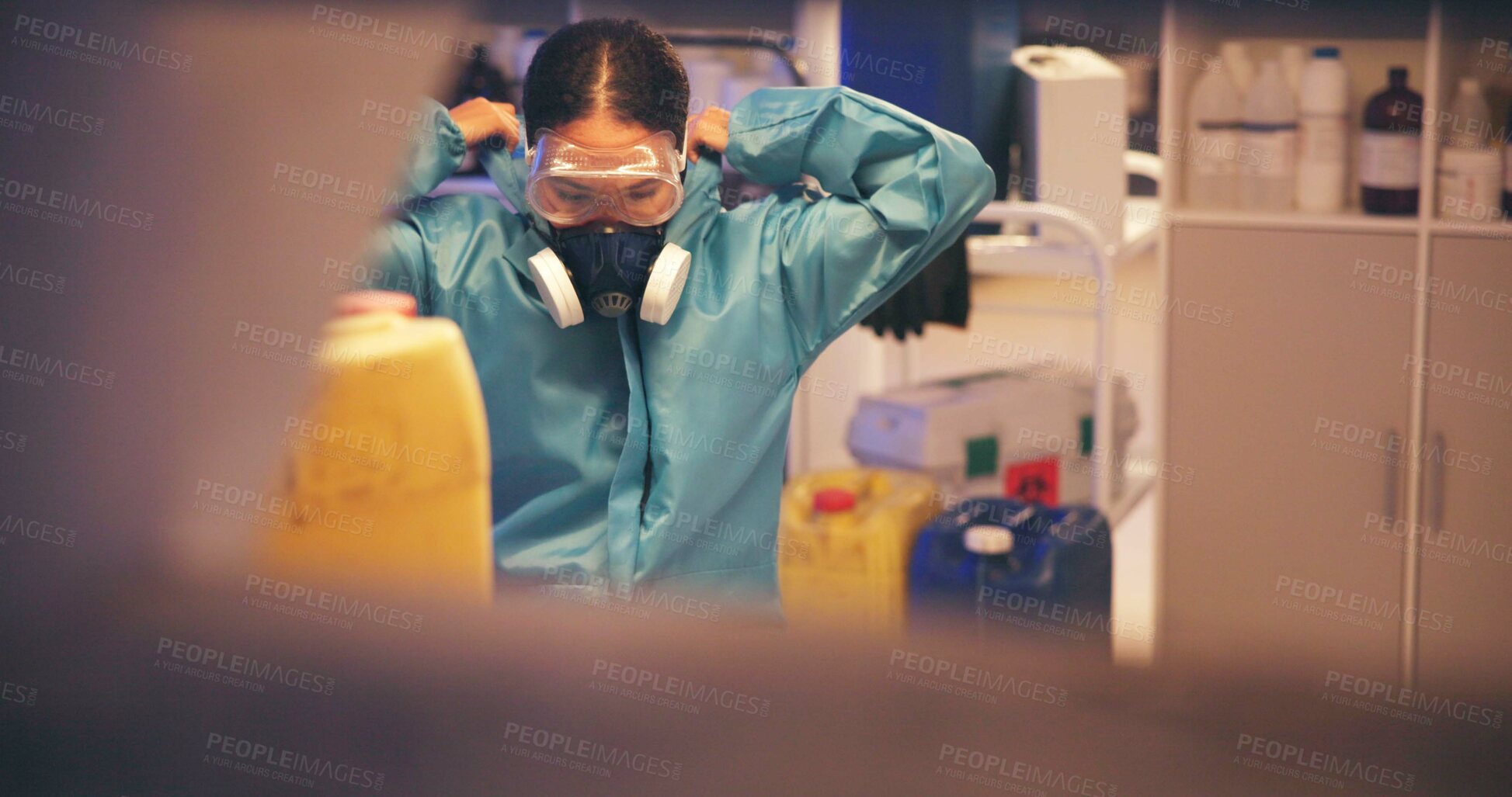 Buy stock photo Forensic scientist, chemical and testing in lab, ppe and medical research, hazardous and substance. Professional, gas mask and analysis of toxins, compound and investigation of explosive and person