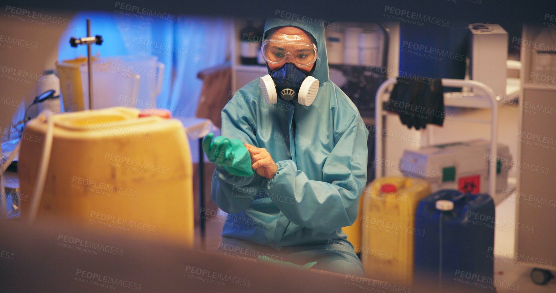 Buy stock photo Forensic scientist, chemical and investigation in lab, ppe and medical research, hazardous and substance. Professional, gas mask and analysis of toxins, compound and testing of explosive and person