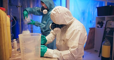 Buy stock photo Drugs, person or gas mask with manufacturing for production of illegal substances, narcotics or crystal meth. Basement lab, hazmat or chemicals with compound mixture for cooking cocaine with teamwork