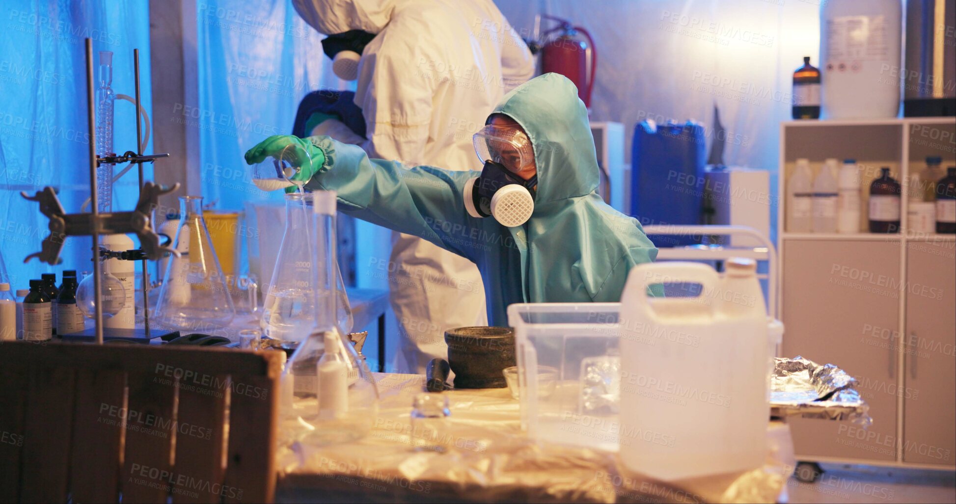 Buy stock photo Drugs, person and hazmat with chemicals for production of illegal substances, beaker and crystal meth. Basement lab, gas mask and bottle with compound mixture for cooking cocaine and manufacturing