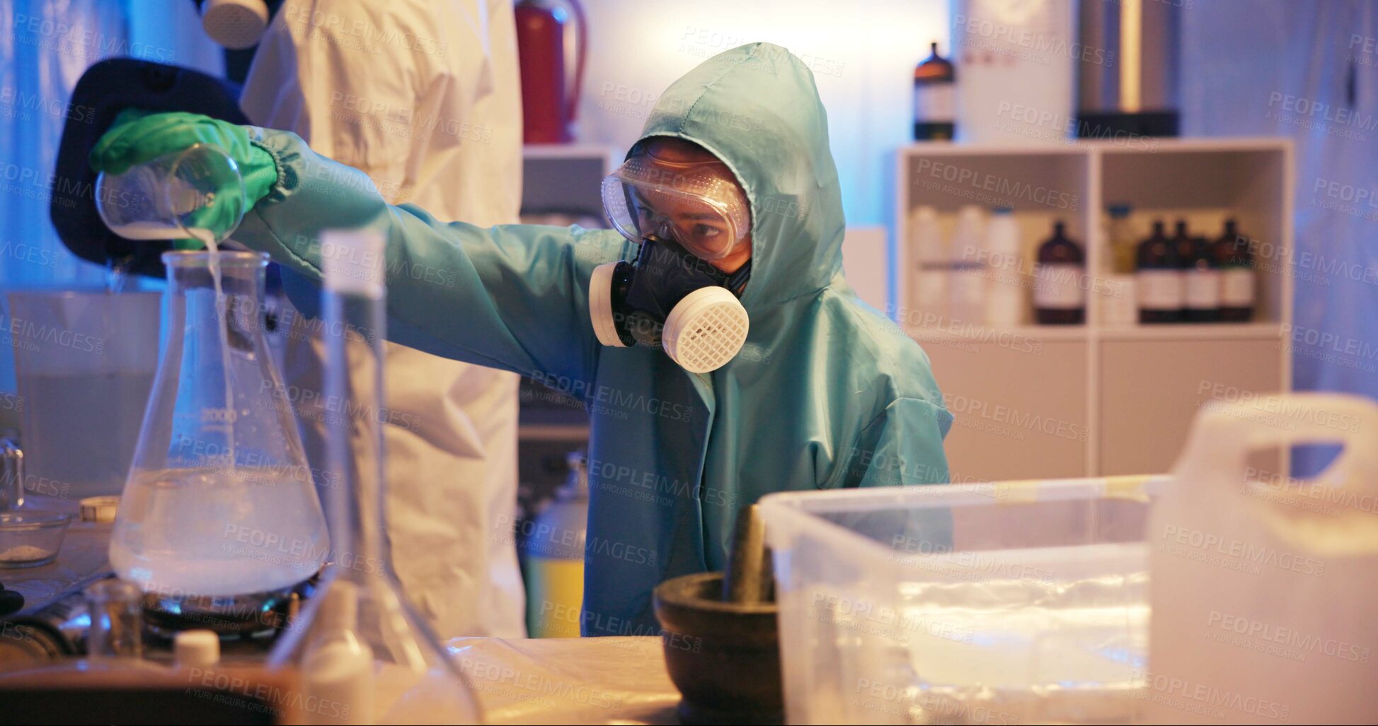 Buy stock photo Drugs, person and hazmat with liquid for production of illegal substances, chemicals and crystal meth. Basement lab, gas mask and beaker with compound mixture for cooking cocaine and manufacturing