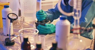 Buy stock photo Hands, gloves and chemical in lab, drugs or production for illegal market with mortar, container or powder. Person, crime and ppe for hazard, process or underground network for narcotics distribution