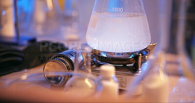 Buy stock photo Chemical, mixture and process of science, experiment and liquid for biology, pharmaceutical and lab. Beaker, fluid and solution for quality control, healthcare and substance for study and element