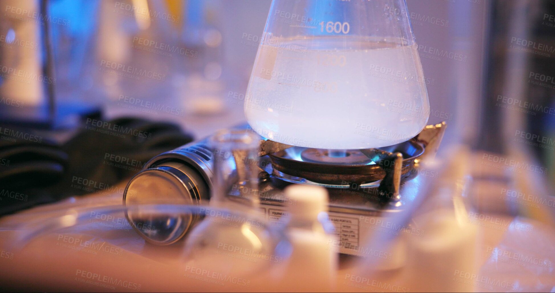 Buy stock photo Chemical, mixture and process of science, experiment and liquid for biology, pharmaceutical and lab. Beaker, fluid and solution for quality control, healthcare and substance for study and element