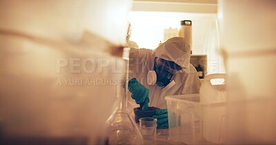 Buy stock photo Drugs, person and gas mask in lab for production of illegal substances, narcotics and crystal meth. Basement crime, hazmat suit and powder with compound mixture for cooking cocaine and manufacturing