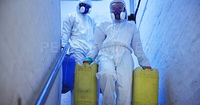 Buy stock photo Chemical portrait, protection and people in hazmat suit on stairs in basement for hazardous waste disposal or toxic spill. Team, forensic investigation and gas mask for safety with dangerous goods