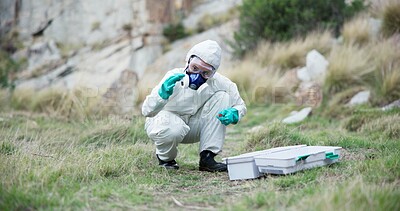 Buy stock photo Biohazard, chemical and person in nature with ppe for test, science investigation or ground exam. Outdoor pollution, environment and scientist in safety suit, mask and soil analysis for nuclear waste