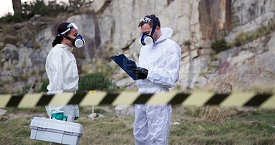 Buy stock photo Outdoor, forensic scientist and investigation for evidence, people and reading of report and analysis. Crime scene, professional and teamwork with clipboard, inspection and detective for mystery