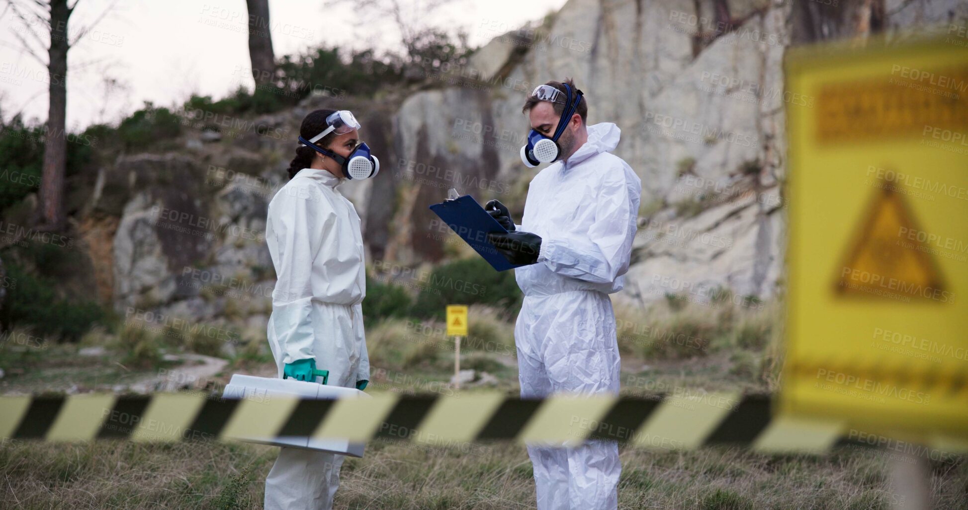 Buy stock photo Analysis, forensic scientist and investigation for evidence, people and reading of report and outdoor. Crime scene, professional and teamwork with clipboard, inspection and detective for mystery