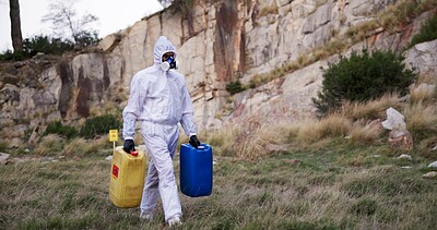 Buy stock photo Toxic, chemical and person in environment with hazmat for hazardous material disposal, toxic spill and area disinfection. Radiation protection, waste management or gas mask safety for dangerous goods