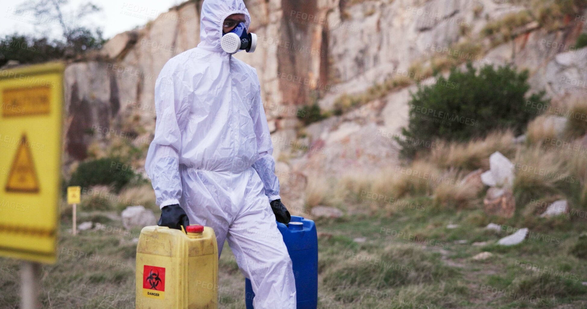 Buy stock photo Biohazard, chemical and person in hazmat outdoor for hazardous material disposal, toxic spill and area disinfection. Radiation protection, waste management or gas mask for safety with dangerous goods