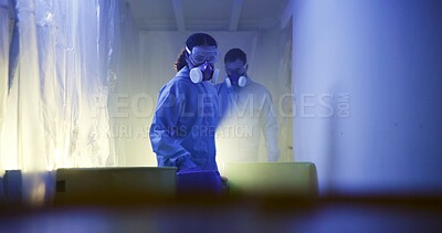 Buy stock photo Biohazard, chemical waste and people with ppe for test, science investigation or exam. Pollution, environment danger and scientist team in safety suit, mask and analysis for nuclear product barrel