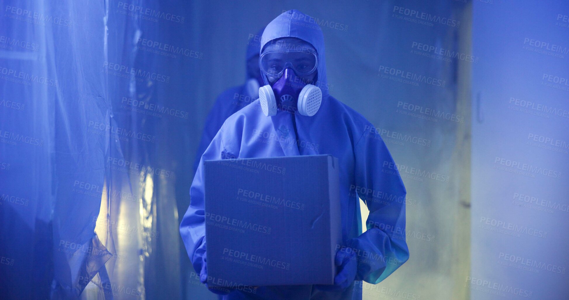 Buy stock photo Man, suit and box for crime scene investigation with evidence, gas mask and bust at drugs lab. Person, forensics and ppe for safety to stop global distribution at synthetic opioid production plant