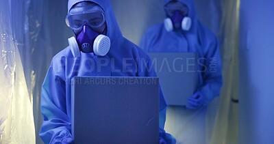 Buy stock photo Biohazard, chemical box and people with ppe for test, science investigation or exam. Pollution, environment danger and scientist team in safety suit, mask and analysis for nuclear waste product