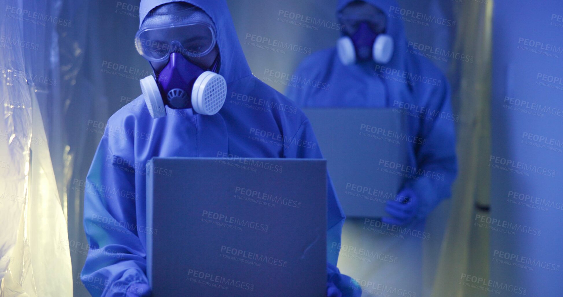 Buy stock photo Biohazard, chemical box and people with ppe for test, science investigation or exam. Pollution, environment danger and scientist team in safety suit, mask and analysis for nuclear waste product