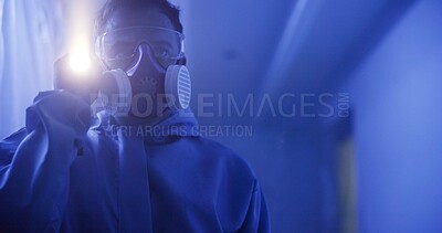 Buy stock photo Man, flashlight or forensic search of crime scene in UV for DNA evidence, liquid or virus chemical proof. Biohazard, gas mask or torch for detective analysis in toxic home, building or dark apartment