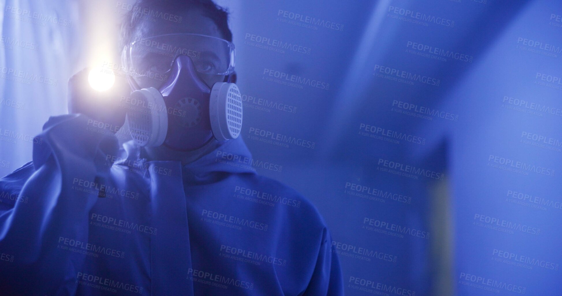 Buy stock photo Man, flashlight or forensic search of crime scene in UV for DNA evidence, liquid or virus chemical proof. Biohazard, gas mask or torch for detective analysis in toxic home, building or dark apartment