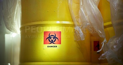 Buy stock photo Toxic, barrel and container with caution, dangerous and biohazard in bin, science and disposal. Radiation, risk and sign for contamination, warning and infection control in lab and goods with symbol