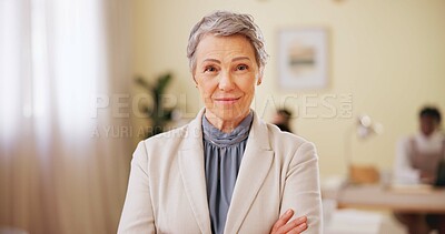 Buy stock photo Office, mature woman and portrait with pride for professional career, leadership and creative agency. Workplace, female person and manager with confidence for occupation, business and arms crossed