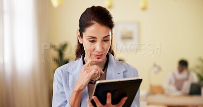 Buy stock photo Tablet, thinking and research with business woman in office for reflection, productivity report or planning. Email networking, news portal and idea with employee for connection, startup and website
