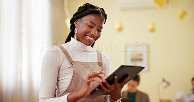 Buy stock photo Tablet, research and business with black woman in office for planning, productivity report or communication manager. Email networking and news portal employee for connection, startup and website