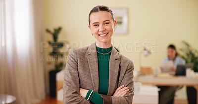 Buy stock photo Office, woman and portrait with confidence for professional career, internship or creative agency. Ambition, female person or happy intern with arms crossed for startup, business opportunity or pride