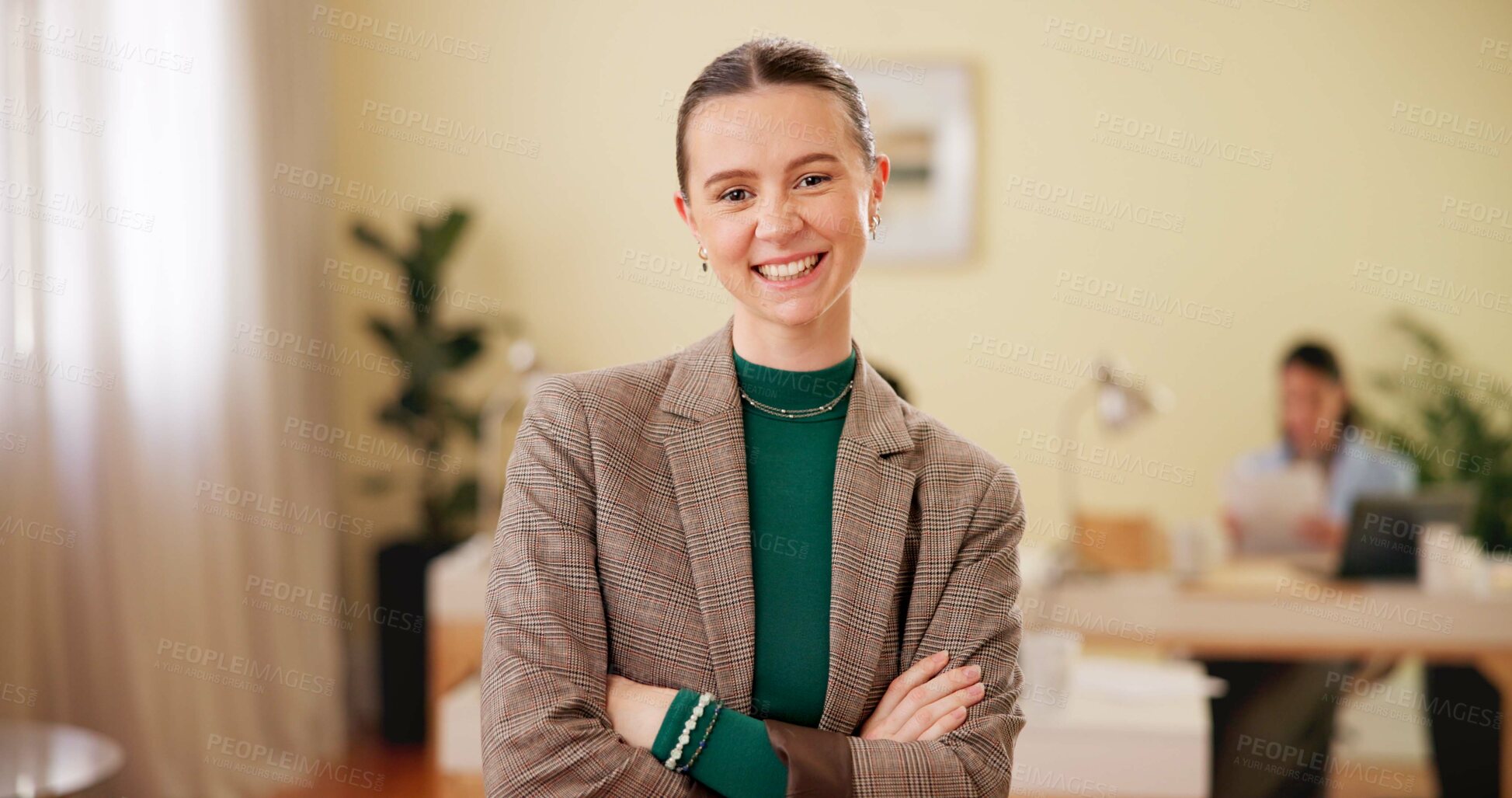 Buy stock photo Office, woman and portrait with confidence for professional career, internship or creative agency. Ambition, female person or happy intern with arms crossed for startup, business opportunity or pride