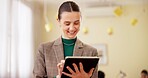 Tablet, typing and business woman in office for project, productivity report or communication manager. Email networking, news portal and app with employee for connection, startup and website
