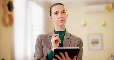 Buy stock photo Tablet, thinking and business woman in office for reflection, productivity report or communication manager. Email networking, news portal and idea with employee for connection, startup and website
