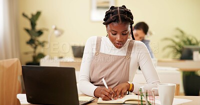 Buy stock photo Business, woman and laptop with writing in notebook in coworking office for blog article notes on news story. Professional, writer and proofreading project at creative agency with online research