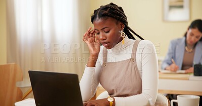 Buy stock photo Business woman, laptop and headache in office for research, networking and communication with stress. Employee, technology and tired in workplace for mental health, brainstorming and writing article