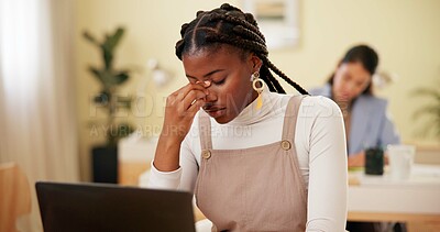 Buy stock photo Business woman, laptop and headache for networking, research and communication with stress in office. Employee, technology and tired in workplace for mental health, brainstorming and writing article