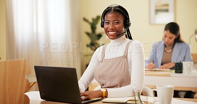 Buy stock photo Happy woman, portrait and headset in office for telemarketing, technical support and communication. Agent, tech and smile in call center agency for CRM, virtual consultation and problem solving guide