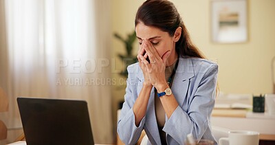 Buy stock photo Business, headache and woman with laptop, stress and exhausted with depression, anxiety and tired. Person, employee and consultant at desk, migraine and online reading with deadline, pain and fatigue