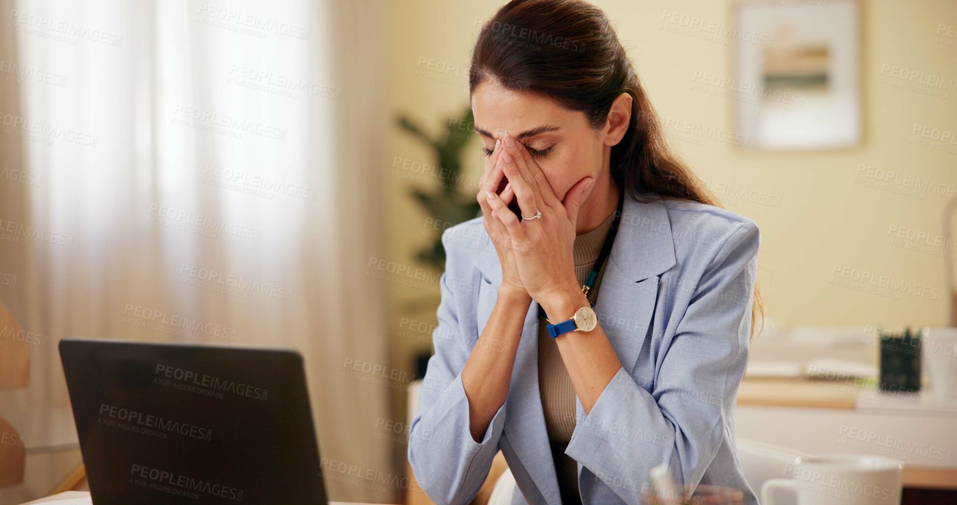 Buy stock photo Business, headache and woman with laptop, stress and exhausted with depression, anxiety and tired. Person, employee and consultant at desk, migraine and online reading with deadline, pain and fatigue