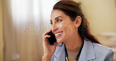 Buy stock photo Phone call, smile and woman in office, talking and planning for appointment, recruiter and communication. Happy, conversation and schedule for meeting, headhunter and person with mobile and business