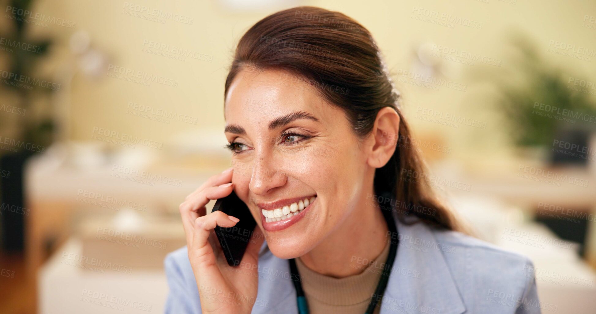 Buy stock photo Phone call, smile and woman in office, conversation and planning for appointment, recruiter and communication. Happy, talking and schedule for meeting, headhunter and person with mobile and business